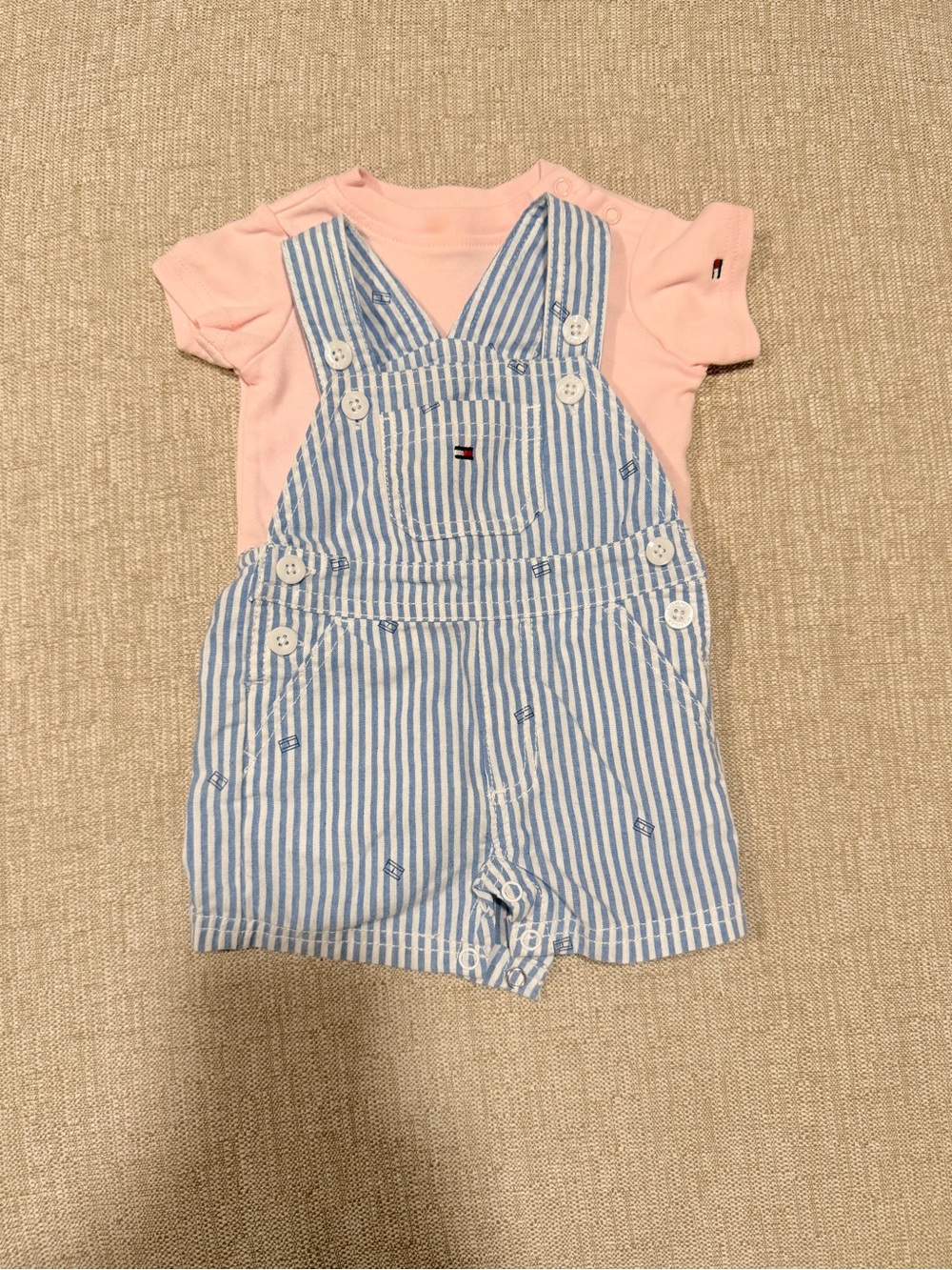 Tommy Hilfiger Pink Tee with Blue & White Striped Overalls Set